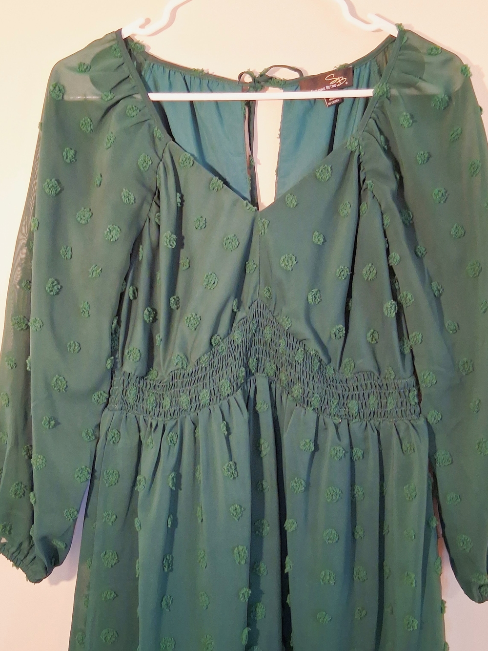 Suzanne Betro Long Sleeve Emerald Green Swiss Dot Midi Dress Size Small - Picture 2 of 7